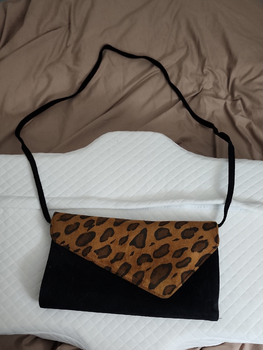 Leopard Print Flap Suede Crossbody Bag - Black and Brown